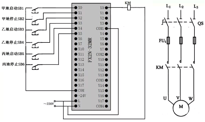 多地控制的PLC接線圖 多地控制的PLC接線圖