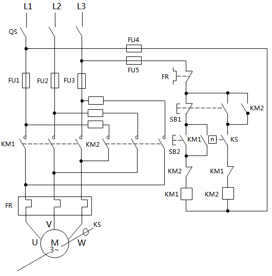 單向運轉電動機的電源反接制動控制電路 單向運轉電動機的電源反接制動控制電路