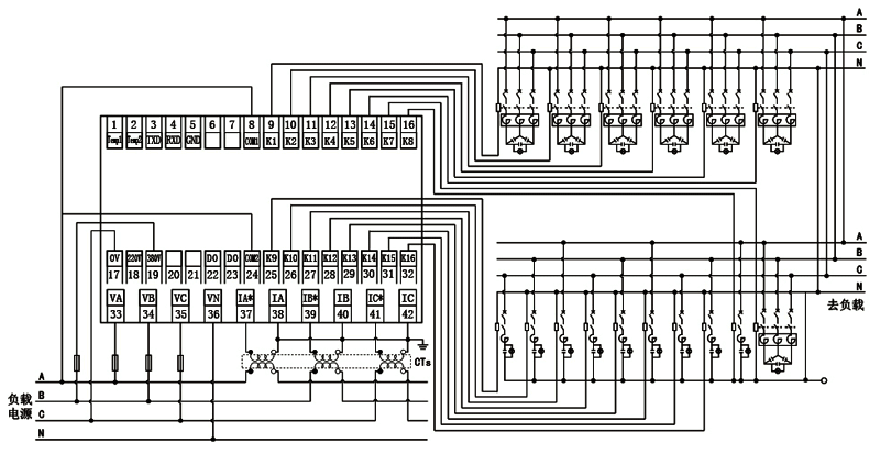 低壓無(wú)功功率自動(dòng)補(bǔ)償控制器接線圖