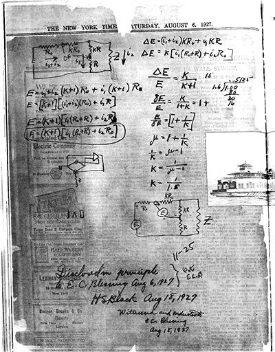 Black負(fù)反饋放大器的靈感來自于上班途中的靈光一現(xiàn)，只能將其記錄在手頭的紐約時(shí)報(bào)上