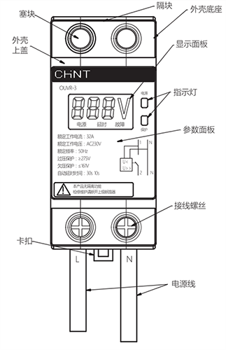 OUVR-3自恢復式過欠壓保護器外觀結構 OUVR-3自恢復式過欠壓保護器外觀結構