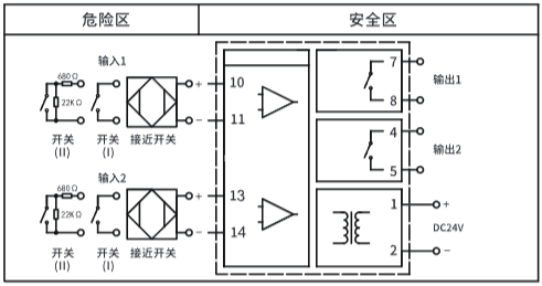 二入二出開關(guān)量安全柵接線圖
