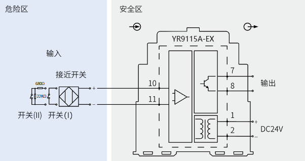 一入一出開關(guān)量安全柵(晶閘管輸出)接線圖